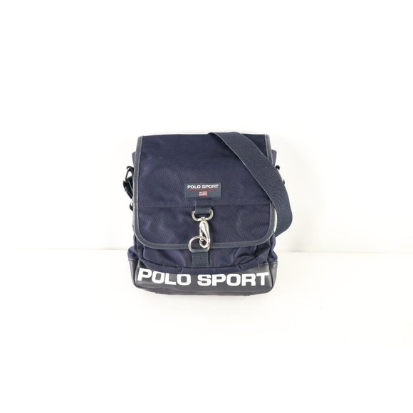 Vintage 90s Polo Sport Ralph Lauren Spell Out USA Flag Cross Body Bag Pack Blue